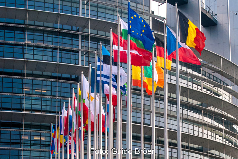 Flaggen der Mitgliedsländer vor EU Parlament in Straßburg, Europa
