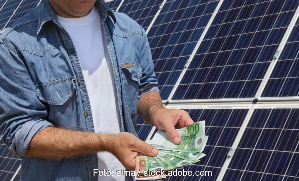 Zu sehen ist ein Mensch mit Geldscheinen vor einer Photovoltaik-Anlage, wie sie eine Energie-Genossenschaft betreiben kann.