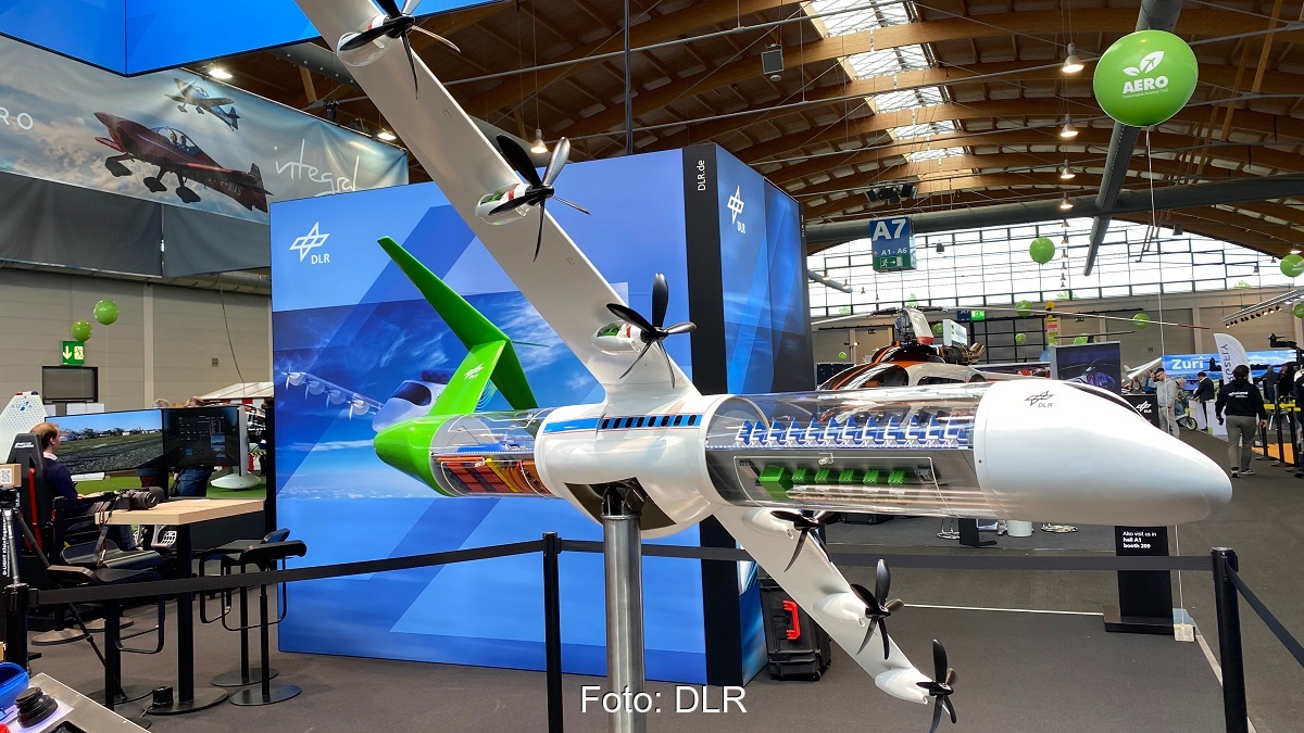 Im Bild das Modell H₂Electra auf der Messe Aero als Beispiel für klimaverträgliche Klein- und Regionalflugzeuge.
