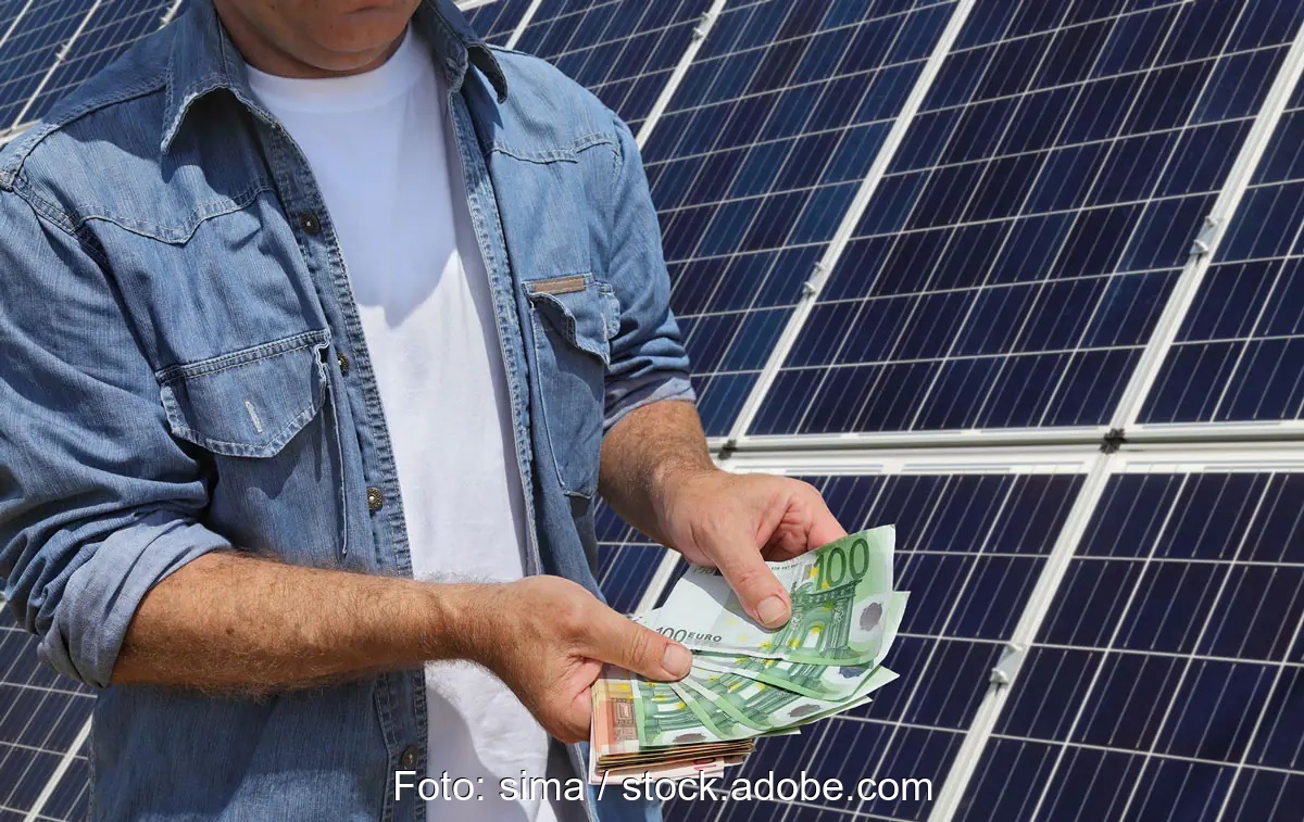Im Bild ein Mann mit Geldscheinen vor Solaranlage als Symbol für die Finanzierung von Sunvigo durch die Triodos Bank.
