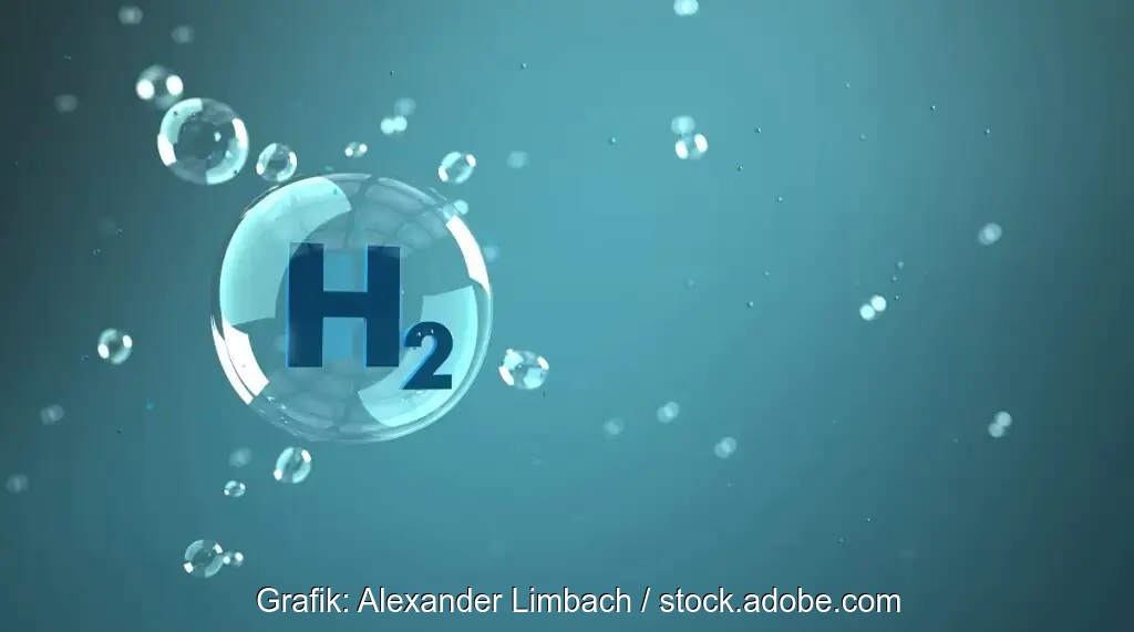 Türkisblaue Blase mit Zeichen H2 - Symbol für Wasserstoff systemdienlich